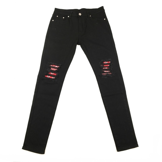 R (43) Colorful Patchwork Skinny Jeans, High-Rise Paisley Distressed Pencil Jeans, Stylish Pants For C - Image 1