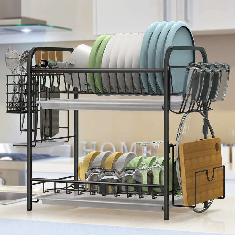 2+Tier+Dish+Drainer+Rack+With+Cup+Holder+Dryer+Rack+For+Kitchen+Counter+Top+In+Black Dish Storage Rack - Image 1